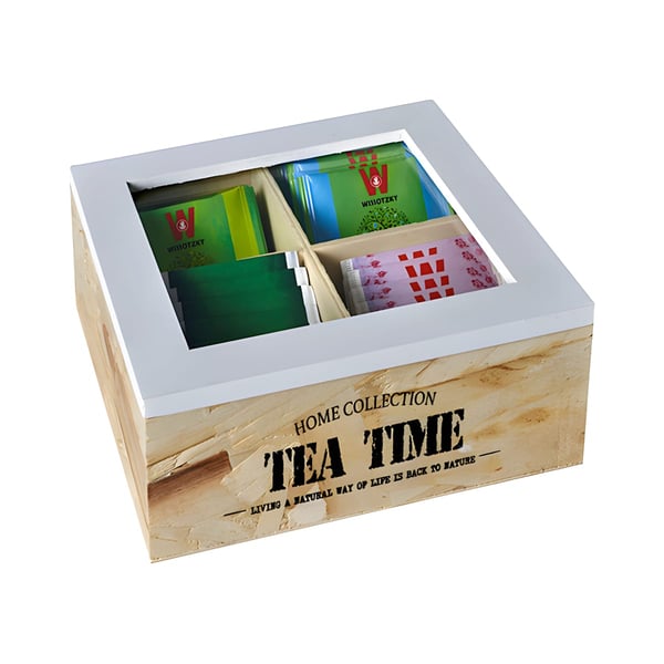 Natural Wood Tea Box with 4 Compartments - TEA TIME