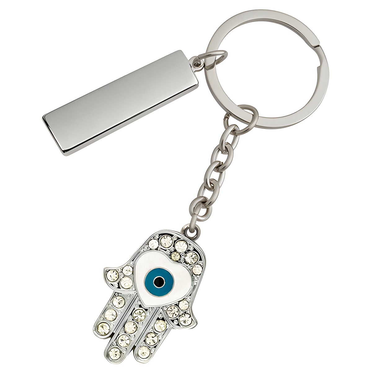 מחזיק מפתחות חמסה בעיצוב מתכתי עם אבנים ולוחית מותג