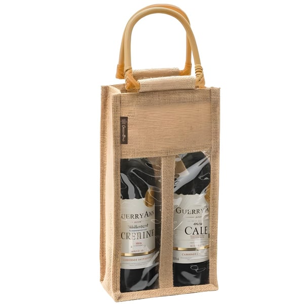 Stylish Jute Bag for 2 Wine Bottles with Wooden Handles