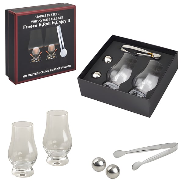 Perfect Whiskey Gift Set - Two Glasses with Metal Ice Balls