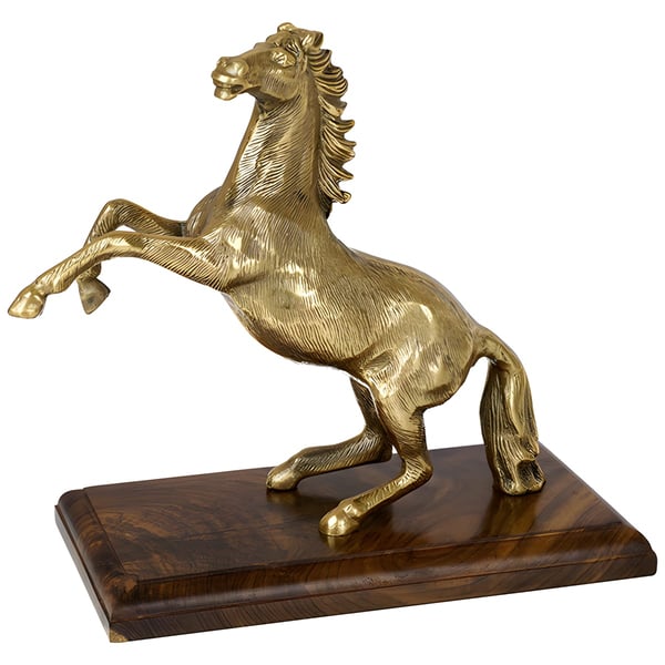 Elegant Gold-Finished Rear-Up Horse Statue on Wooden Base