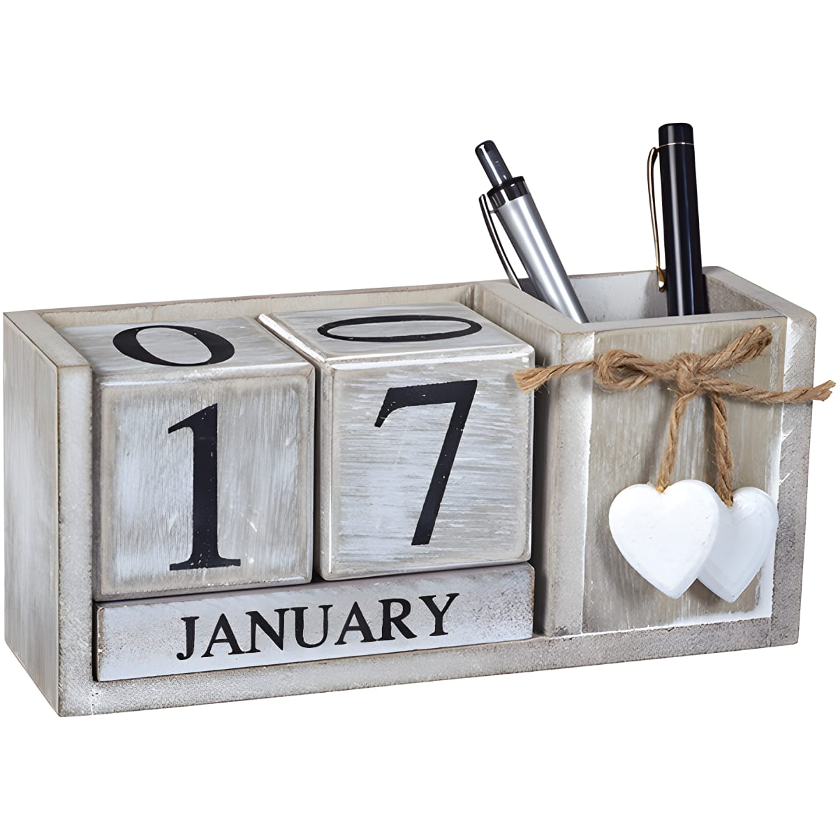 מעמד שולחן עם תאריכון קוביות עץ וכוס לעטים