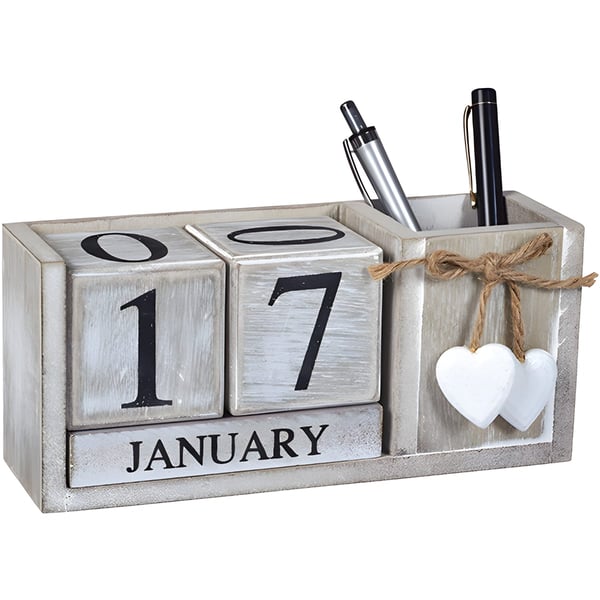 מעמד שולחן עם תאריכון קוביות עץ וכוס לעטים