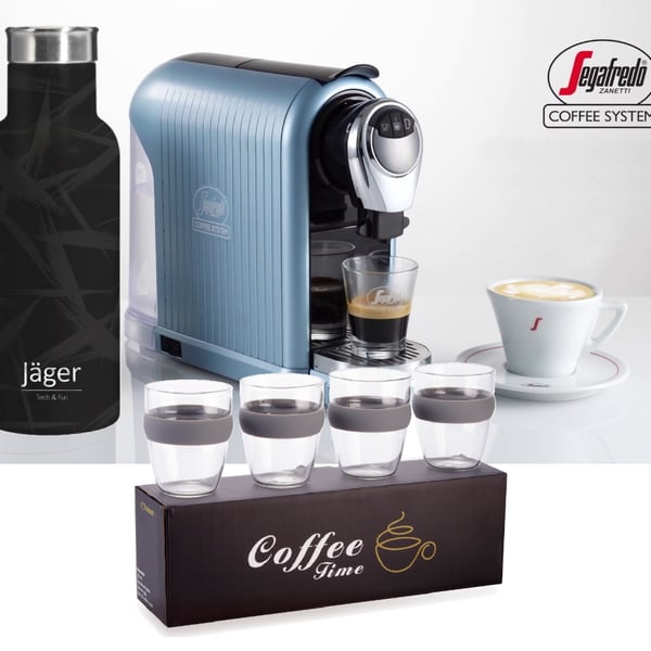 Perfect SEGAFREDO Coffee Set with Espresso Machine, Cups & Thermal Bottle