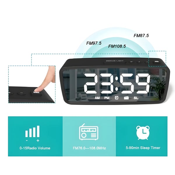 שעון מעורר דיגיטלי עם רדיו FM וטיימר שינה