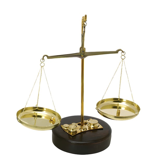 Copper Scales with 8 Small Weights and Wooden Base