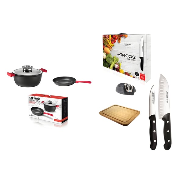 מארז סכינים יוקרתי של ARCOS עם משחיז וסירים ROSO