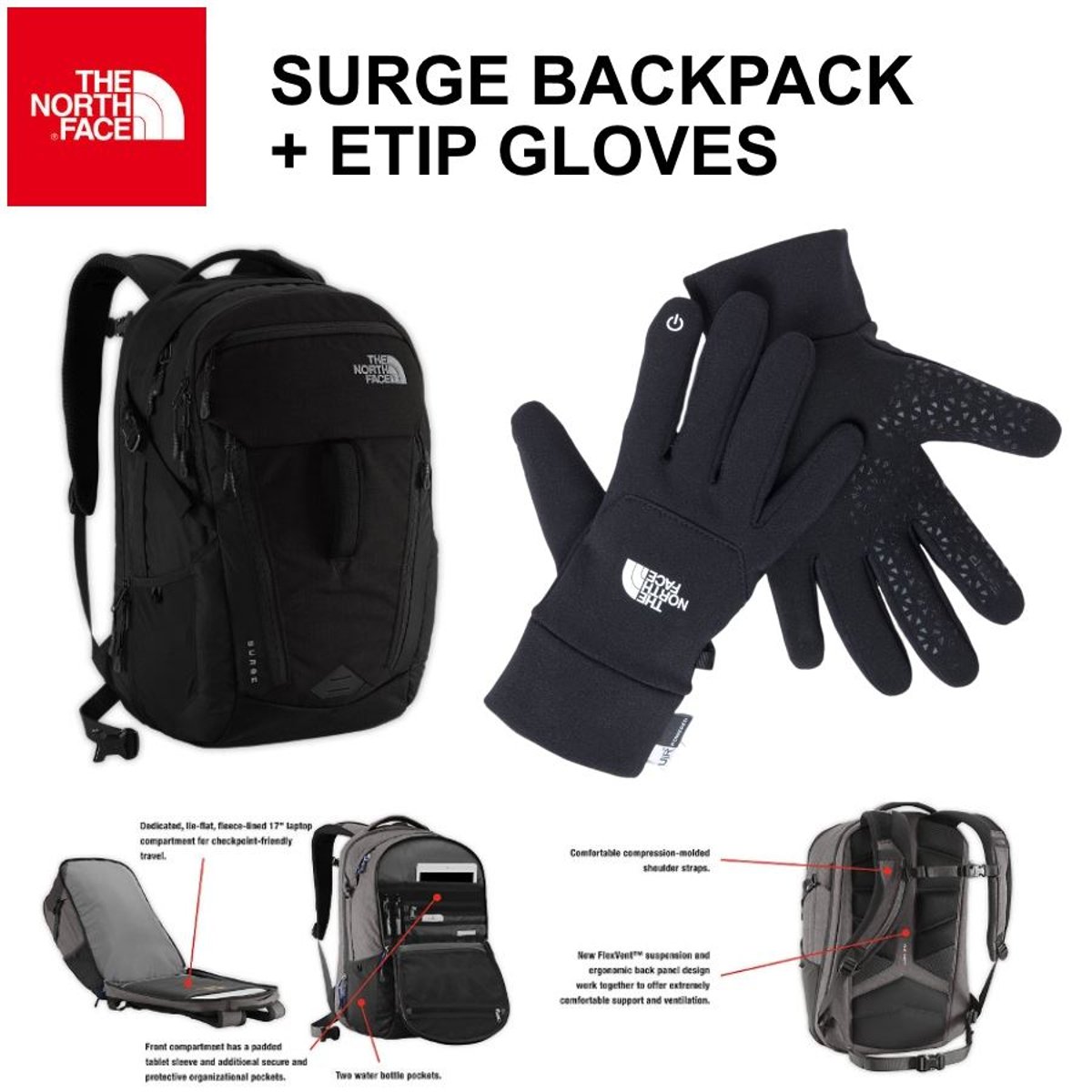 סט תיק גב סורג' וכפפות טאץ' של המותג THE NORTH FACE