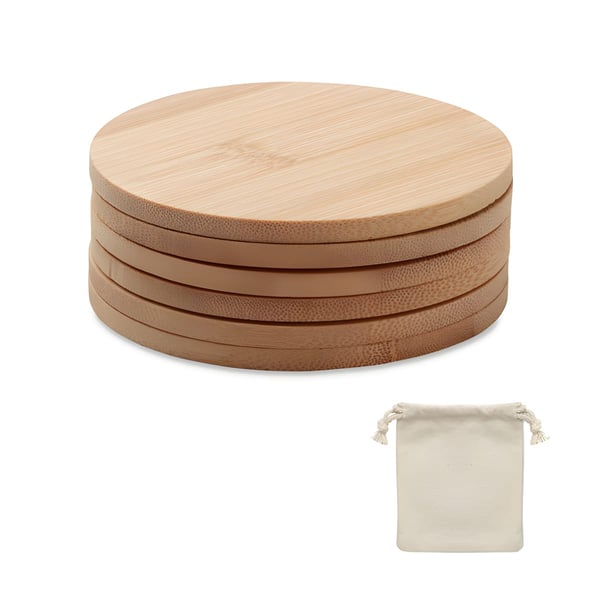 Round Bamboo Coaster Set in Cotton Bag