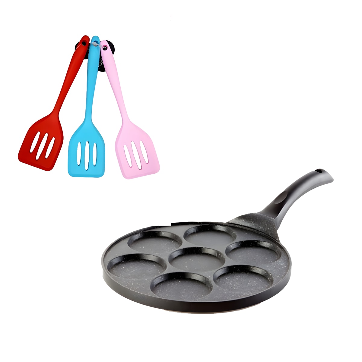 מארז מחבת לפנקייקים עם 7 שקעים ותרבד מיני צבעוני