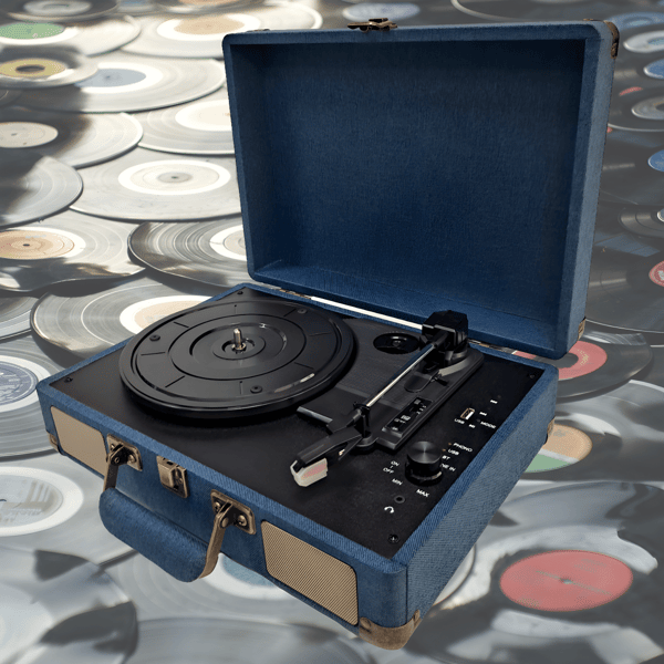 Portable Turntable with Bluetooth in Blue Jute Fabric Case by Blaupunkt