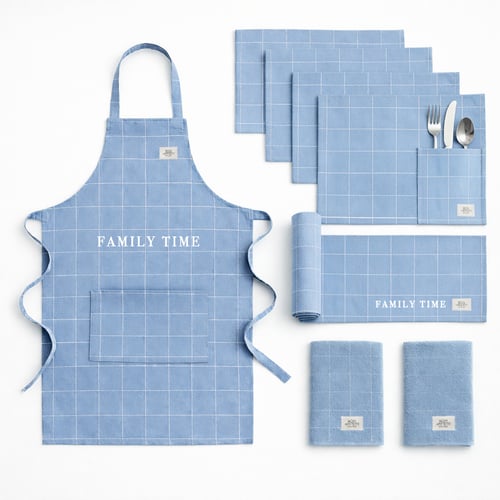 סט מטבח מעוצב באיכות כחול לבן: סינר, ראנר ומגבות