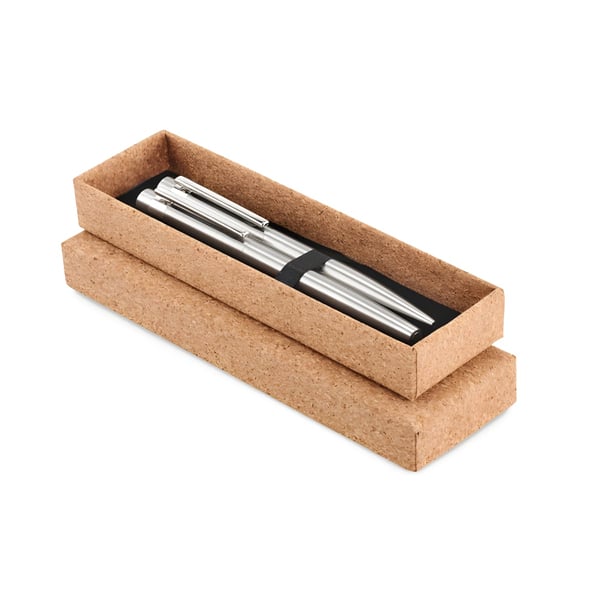Recycled Stainless Steel Pen Set in Natural Cork Box