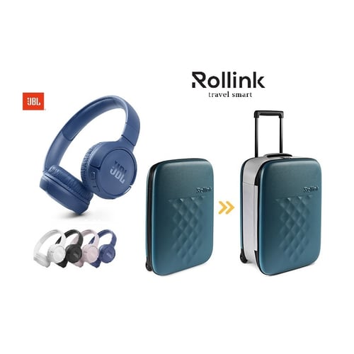 מארז נסיעות עם מזוודה מתקפלת Rollink ואוזניות אלחוטיות JBL