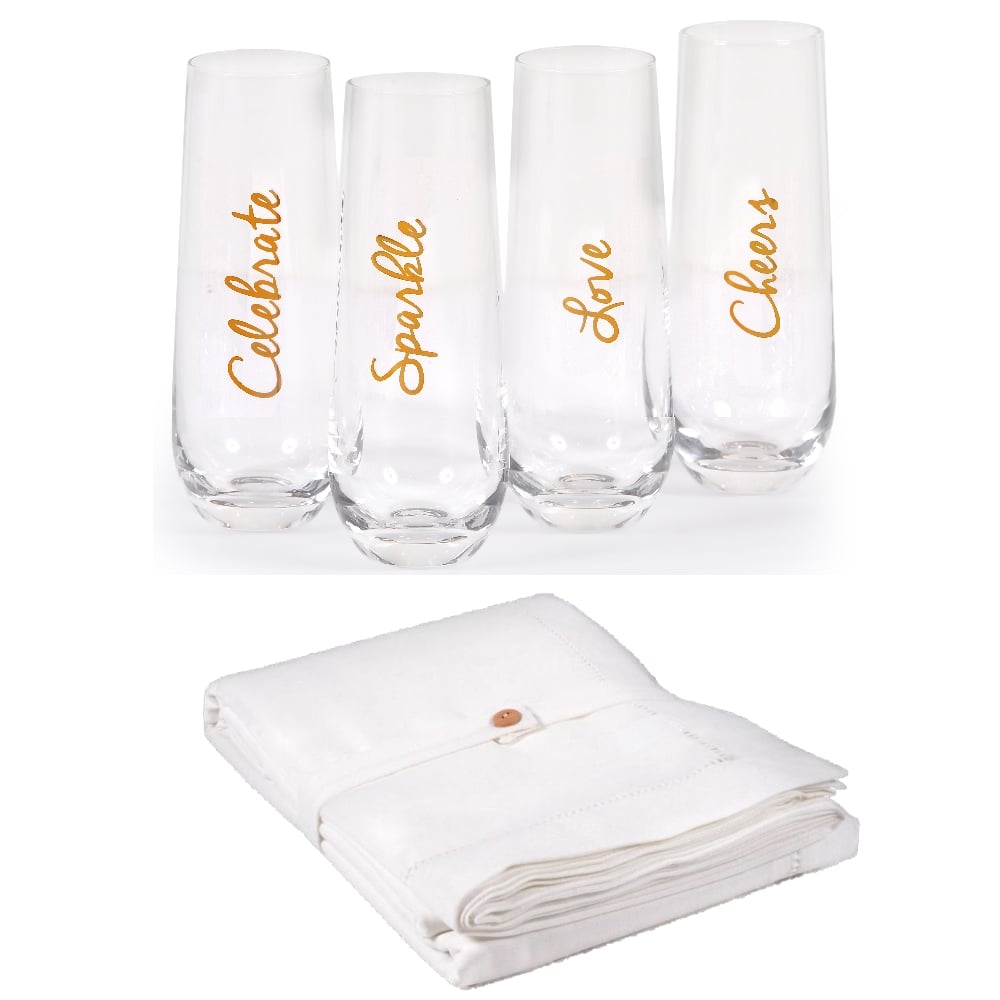 סט מפה לבנה חגיגית וכוסות שמפניה מבית FOX