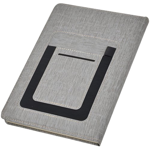 מחברת עסקים A5 עם תא קדמי לסלולאר, כרטיסי ביקור ועט - אפור