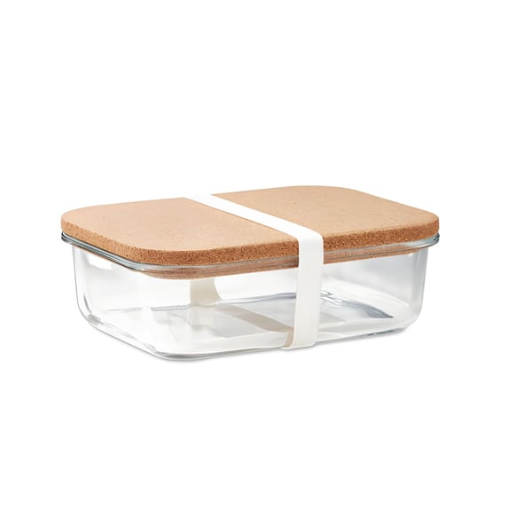 קופסת אוכל מזכוכית בורוסיליקט עם מכסה שעם ורצועת סיליקון