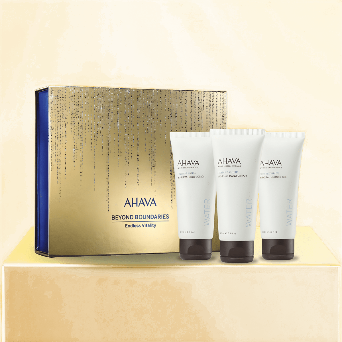 מארז טיפוח מינרלי לנשים עם קרם ידיים, ג'ל רחצה וסרום מבית AHAVA