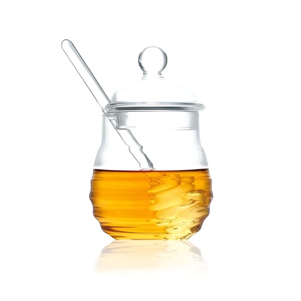 כלי דבש זכוכית מעוצב עם מקלון