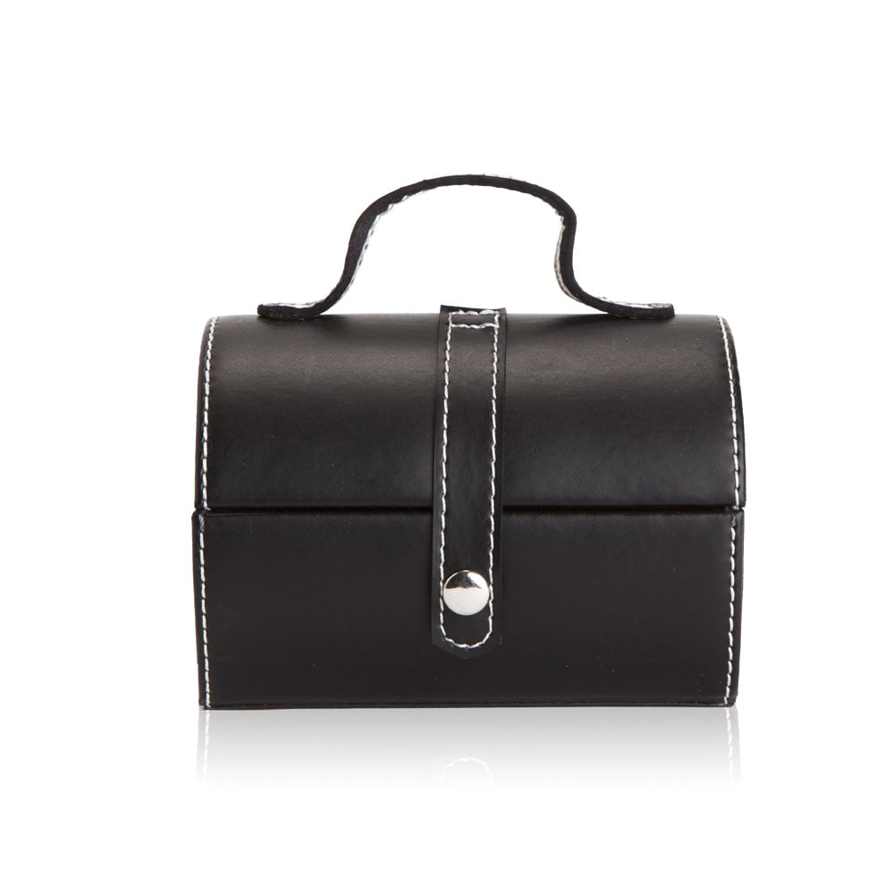 קופסת תכשיטים מעור עם מראה ותאים מגוונים