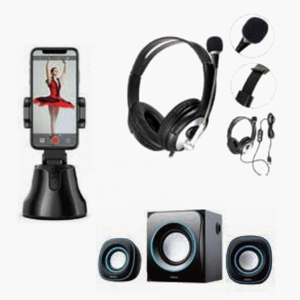 ערכת גיימינג מושלמת עם רמקולים, אוזניות ומעמד סלפי