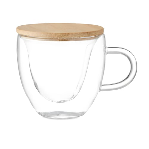 כוס תה זכוכית כפולה עם מכסה עץ