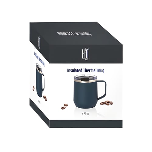 "MUG" ספל תרמי נירוסטה חם / קר 420 מ"ל עם ידית מתכת ומכסה אקרילי שקוף בקופסת מתנה מבית H2O-Pro