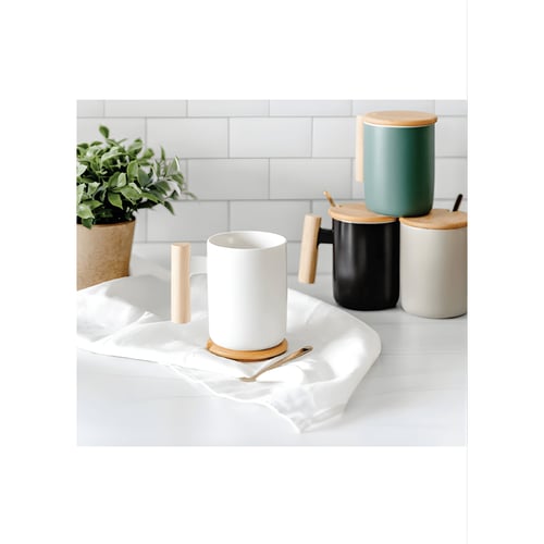 כוס פורצלן עם מכסה במבוק וכפית נירוסטה - 380 מ"ל