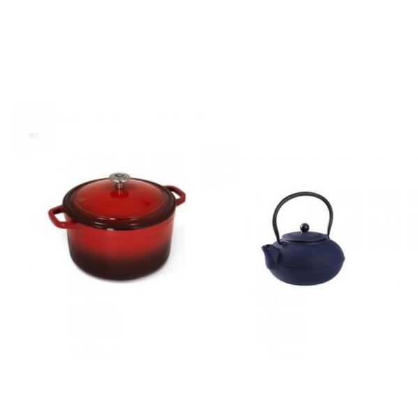 Japanese Kettle & Red Enamel Pot Set by GORU - Blue 1.5L and Red 6L