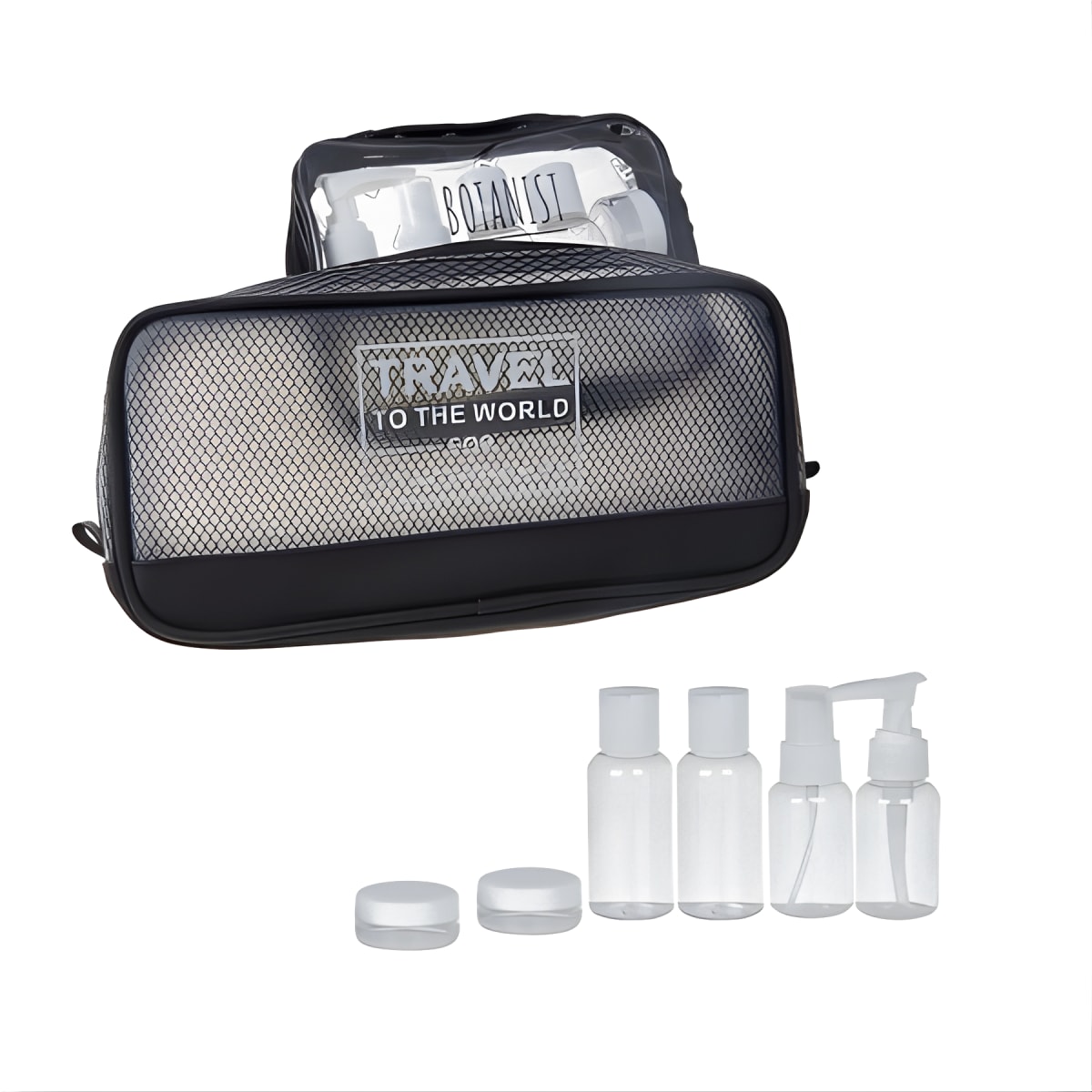 ערכת בקבוקי אחסון לנסיעות עם תיק כלי רחצה שקוף
