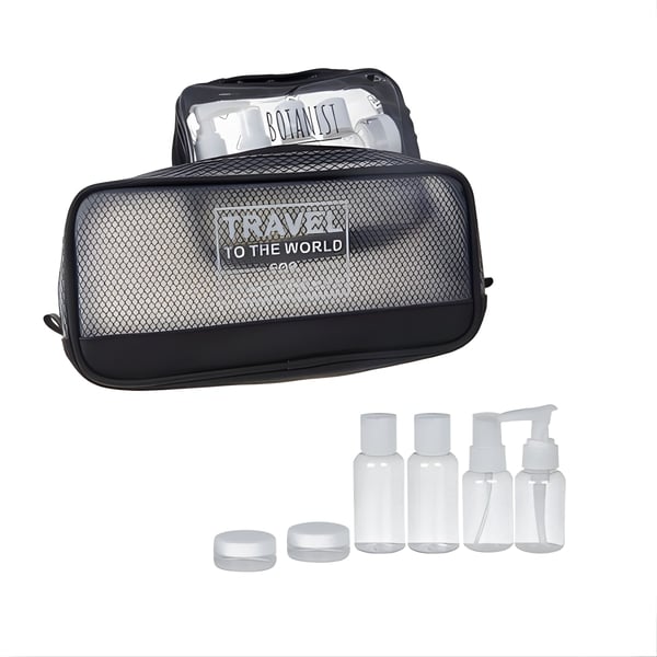 ערכת בקבוקי אחסון לנסיעות עם תיק כלי רחצה שקוף