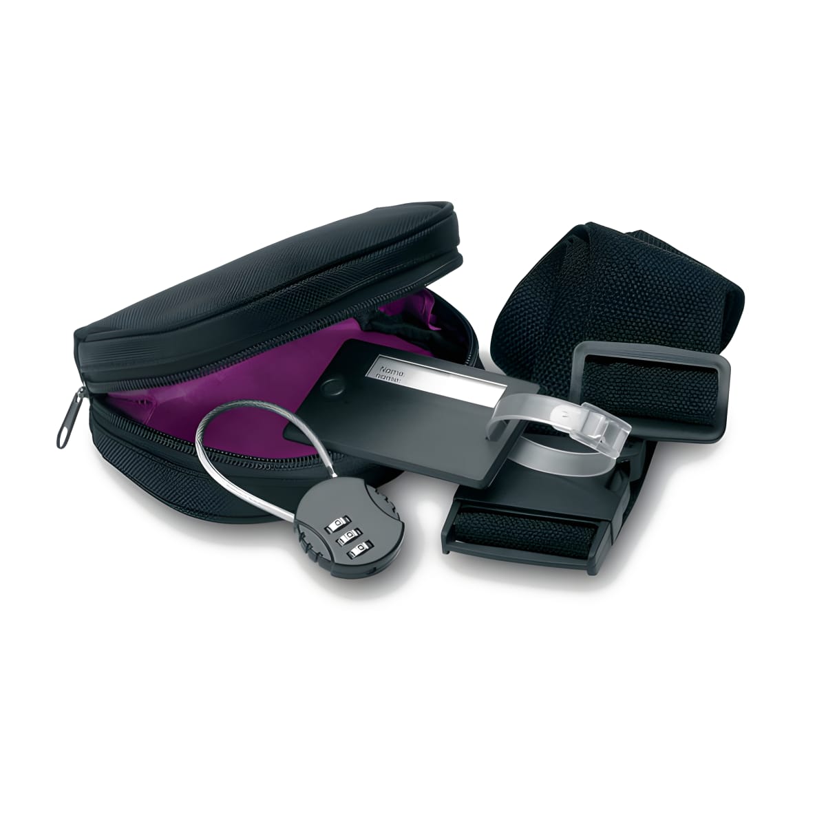 ערכת טיול מושלמת עם תג מזוודה, חגורה ומנעול מתכת