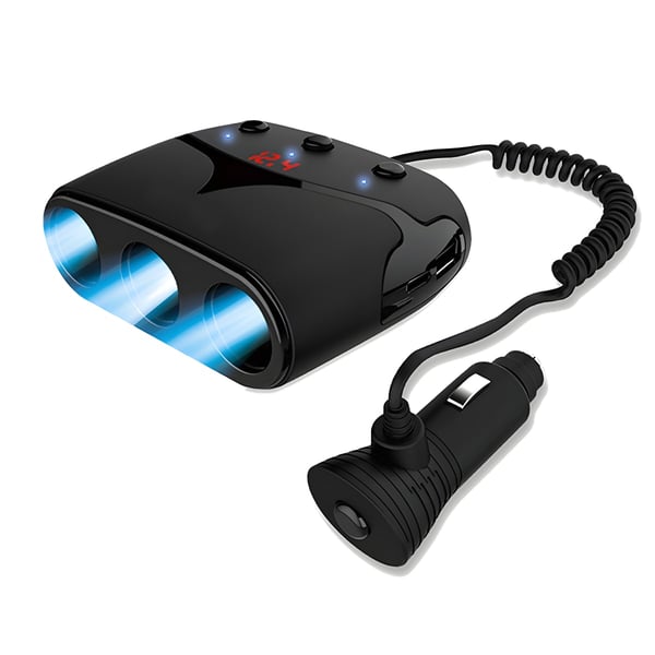 מפצל שקע מצת עם מסך LCD וחיבורי USB