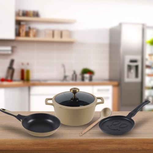 מערכת בישול יציקת אלומיניום 5 חלקים עם סיר ומחבתות