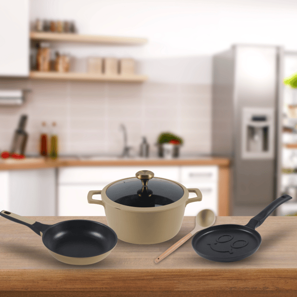 מערכת בישול יציקת אלומיניום 5 חלקים עם סיר ומחבתות