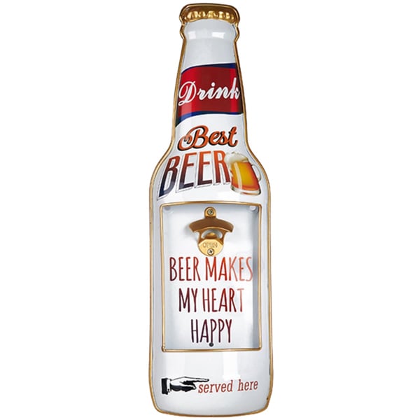 פותחן בקבוקי בירה מעוצב - 'בירה עושה לי שמח בלב' לתלייה על קיר גובה 61 ס"מ