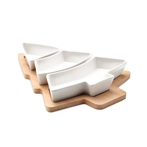 Natural Bamboo Wood Stand with Ceramic Trays