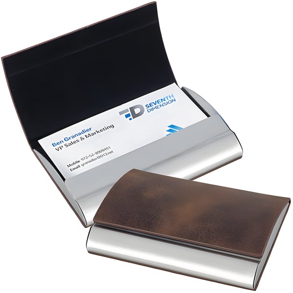 Luxury Titanium Metal Business Card Holder with Brown Leather
