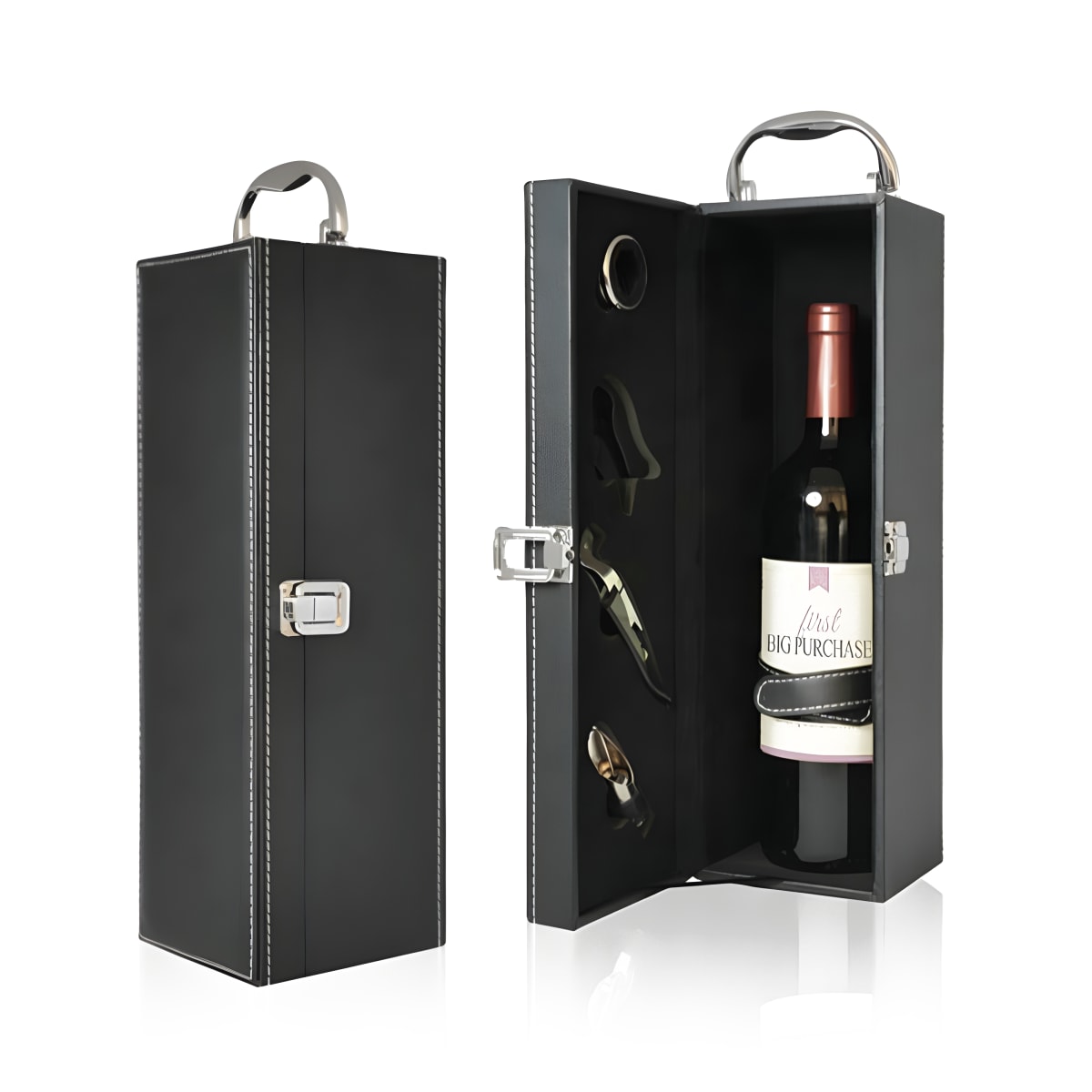 מארז יין מפואר עם אביזרים בעיטור עור