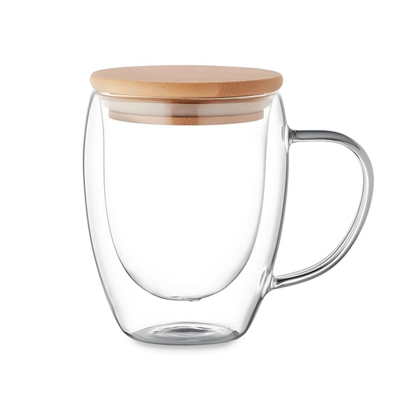 Double Wall Borosilicate Glass Mug with Bamboo Lid