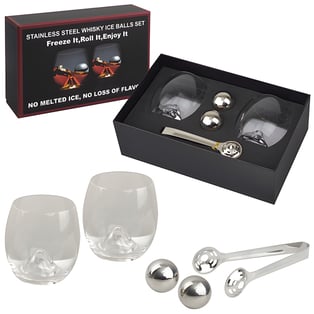סט מתנה יוקרתי לויסקי - שתי כוסות עם כדורי קרח ממתכת