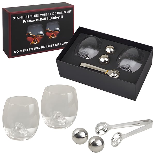 סט מתנה יוקרתי לויסקי - שתי כוסות עם כדורי קרח ממתכת