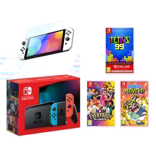 חבילת Nintendo Switch עם ג’וי-קון כחול ואדום, מגן מסך ומשחקים עם מנוי שנתי
