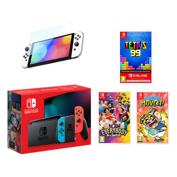 חבילת Nintendo Switch עם ג’וי-קון כחול ואדום, מגן מסך ומשחקים עם מנוי שנתי