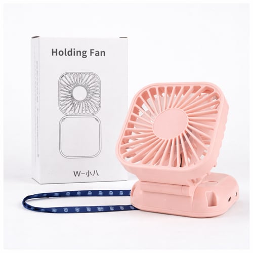 Compact and portable fan featuring a personalized mirror and a branded neck carrying strap