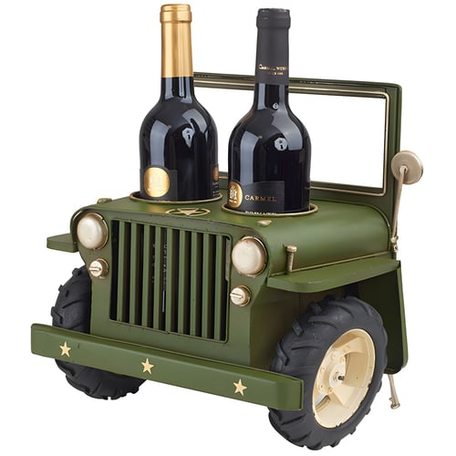 מעמד ייחודי לשני בקבוקי יין בצורת ג'יפ