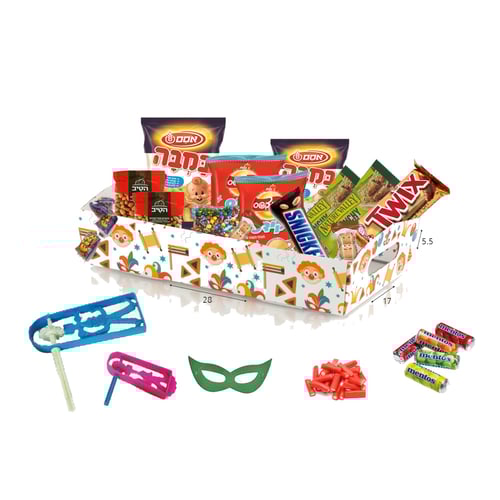 מארז פורים שמח ומבדח עם ממתקים ופריטים חגיגיים