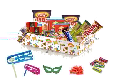 מארז פורים שמח ומבדח עם ממתקים ופריטים חגיגיים