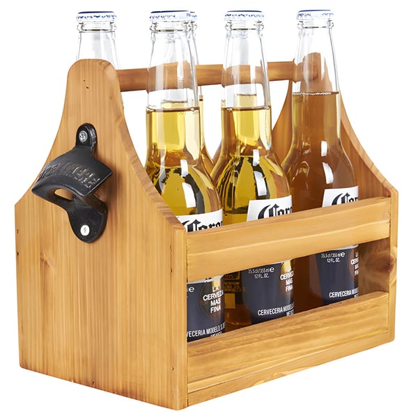 Wooden Beer Bottle Carrier for 6 with Built-in Opener