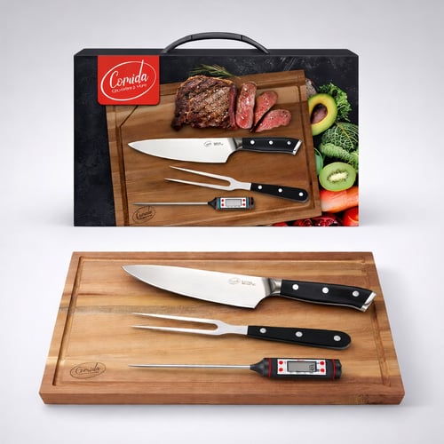 סט כלי מטבח סנטוקו איכותי עם מדחום, קילשון ובוצ'ר עץ ACACIA